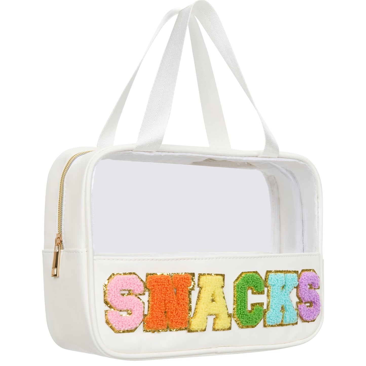 Snack bags Snack Pouch Chenille Letter Patch Clear Bag Snack Bag for travel Preppy Cosmetic Bag Clear Snack pouch with Zipper Toiletry Bags for Traveling women Clear Travel Bags for Toiletries