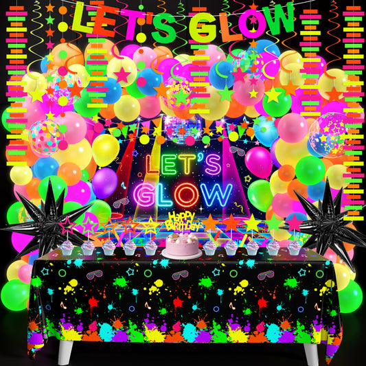 Neon Birthday Party Decoration Glow in The Dark Party Supplies Lets Glow Backdrop Banner Neon Fluorescent Balloons Garland Arch Kit Star Hanging Swirl Black Light Reactive Glow Tape Neon Streamer